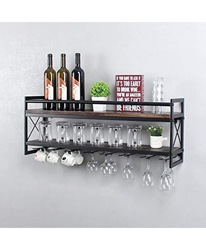 OISSIO Industrial Stemware Rack,Wine Rack Wall Mounted with Wood Shelves,2 Tier Stemware Storage with 8 Stem Glass Holder for Wine Glasses,Mugs,Home Decor,Retro Black36 inch