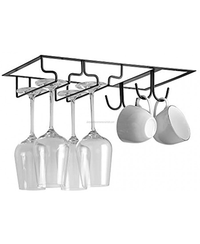 Wine Glass Holder with 4 Coffee Cup Hook 304 Stainless Steel Wine Glass Rack Under Cabinet Stemware Glasses Storage Rack Hange for Bar Home & Kitchen Décor Flat Steel Design