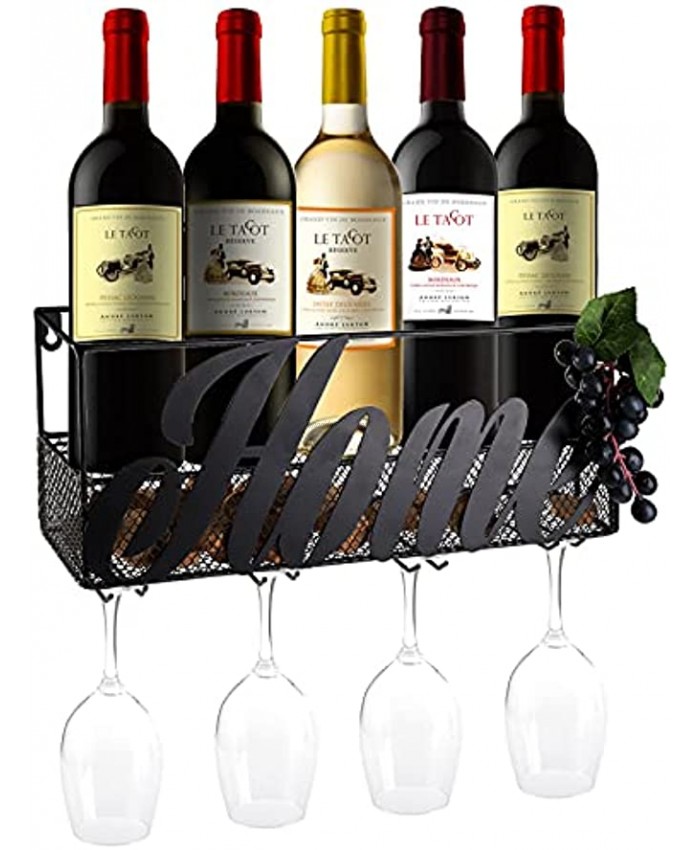 Cedilis Wall Mounted Metal Wine Rack Wall Wine and Glass Holder 4 Long Stem Glass and Bottle Holder Hanging Stemware Glass Holder Wine Cork Storage Great Wine Storage Rack House Gift Black