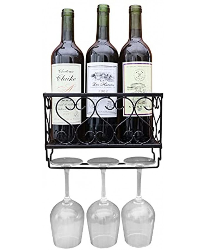 CNNINGYI Home Wall-Mounted Wine Rack,Wall Mounted Metal Wine Bottle & Glass Holder,Wine Bottle Storage with 3 Glass Holders for Home Home & Kitchen Decor,Decorative Wall Wine Rack Black