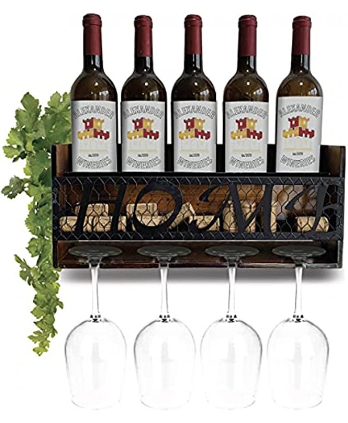 CoTa Global Vintage Brown Wall Mounted Wine Rack Wooden Wine Bottle Holder for 5 Bottles & 4 Wine Glasses with Cork Storage Hanging Metal Home Sign & Organizer Wood Shelf for Wine Bar & Home Décor
