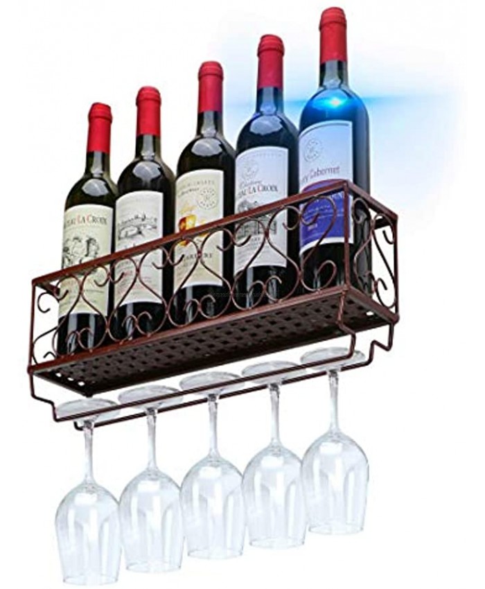 Couwilson Wine Rack Wall Mounted Wine Bottle Holder Holds 5 Wine and Stemware Glasses Kitchen Metal Wine Storage Decor and Accessories Brown