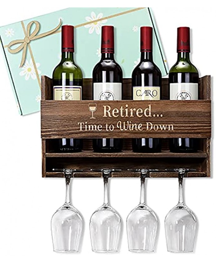 Gifts for Retiree Wall Mounted Wine Rack & Wine Glasses Holder Retired...Time to Wine Down for Grandpa Grandma Dad Mom Retirement Gifts Ideal Retirement Gift for Wine Lover