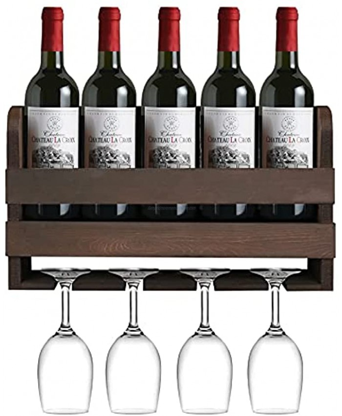 Giikin Rustic Wall Mounted Wine Rack Holds 5 Bottles and 4 Glasses Wood Floating Wine Shelf Organizer with Wine Glasses Holder Wine Storage Rack for Home Bar Wall Display Decor Rustic Brown