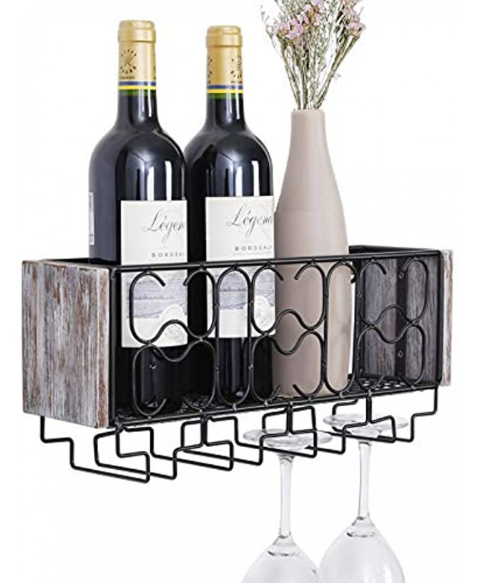 Hoanvi Wall Mounted Wine Rack for 4 Red Wine Glasses Storage Metal Wine Bottle Holder for Farmhouse Kitchen Decor Rustic Floating Wine Shelf Organizer for Living Room Display.