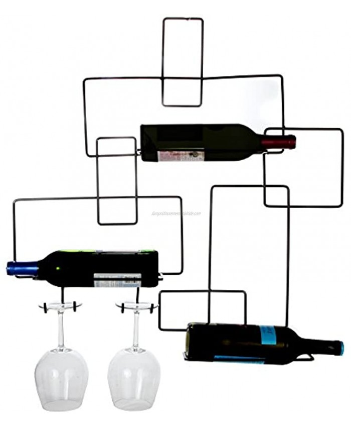 Home-X Wire Contemporary Wine Bottle and Glass Holder Wall Mount Contemporary Wrought Iron Design Holds 3 Bottles-26 L x 4 W x 27 H