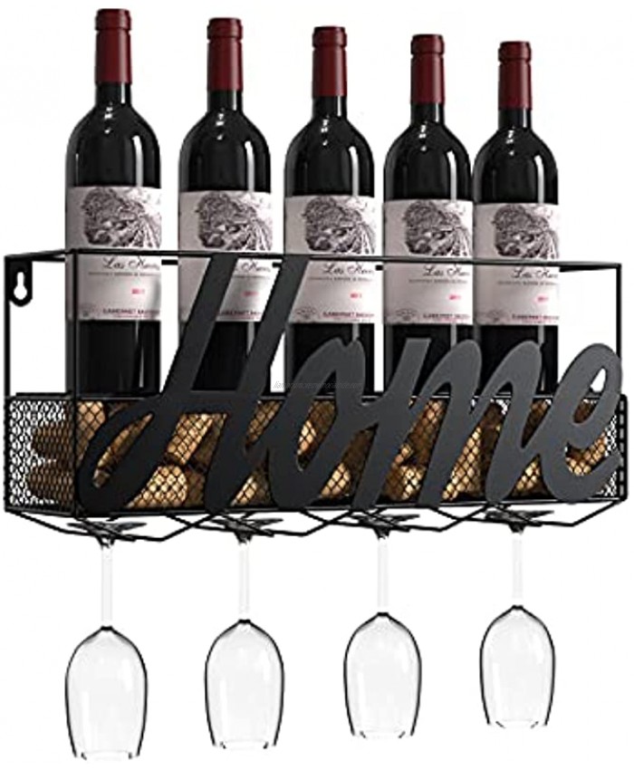 Housolution Wine Rack Wall Mounted Metal Wine Bottle Holder Wine Decor With 4 Long Stem Glass Holder & Wine Cork Storage for Home Kitchen Black