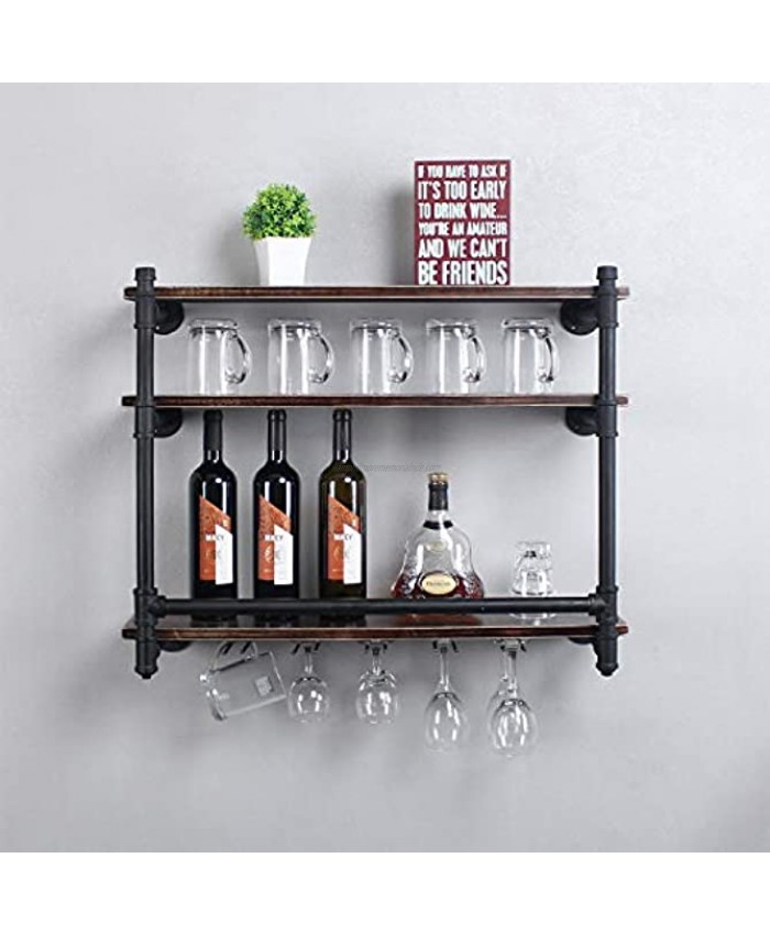 Industrial 30 Wall Mounted Wine Racks with 5 Stem Glass Holders for Wine Glasses,3-Tier Storage Wood Shelf,Mugs Rack,Bottle & Glass Holder,Wine Storage Display Rack,Home Décor,Retro BlackStyle A
