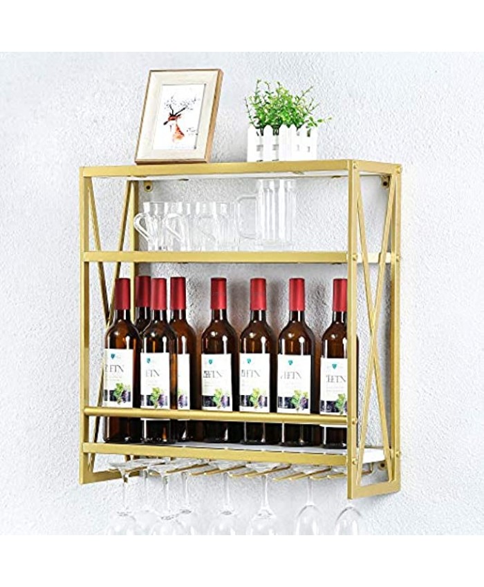 Industrial Wine Racks Wall Mounted with 6 Stem Glass Holder,23.6in Rustic Metal Hanging Wine Holder Wine Accessories,3-Tiers Wall Mount Bottle Holder Glass Rack,Wood Shelves Wall ShelfGold