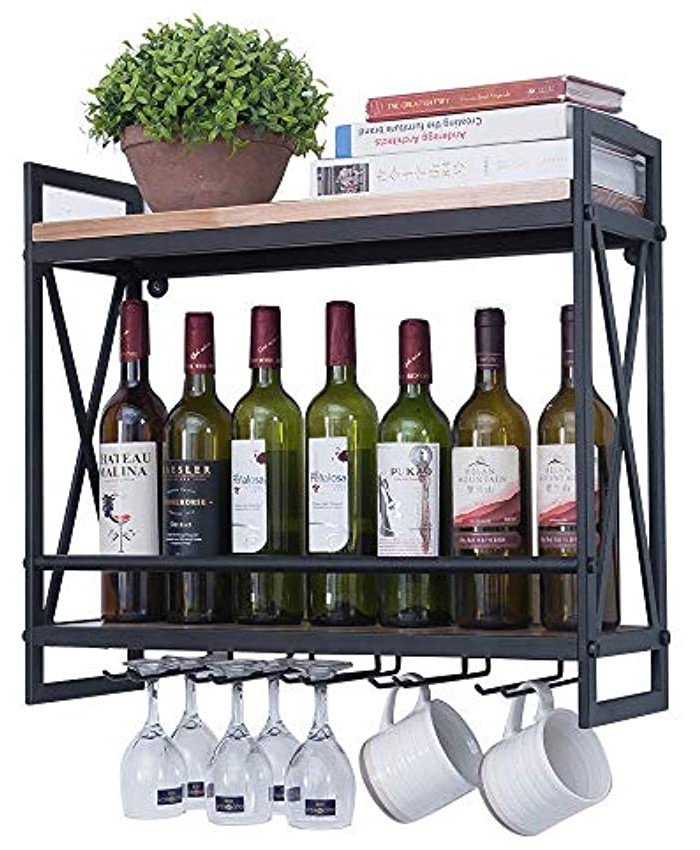Industrial Wine Racks Wall Mounted with 6 Stem Glass Holder,23.6in Rustic Metal Hanging Wine Holder Wine Accessories,2-Tiers Wall Mount Bottle Holder Glass Rack,Wood Shelves Wall Shelf