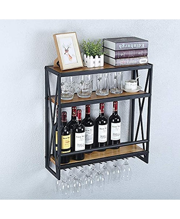 Industrial Wine Racks Wall Mounted with 6 Stem Glass Holder,Rustic Metal Hanging Wine Holder,3-Tiers Wall Mount Bottle Holder Glass Rack,Wood Shelves Wall Shelf Wine Accessories23.6in,Black
