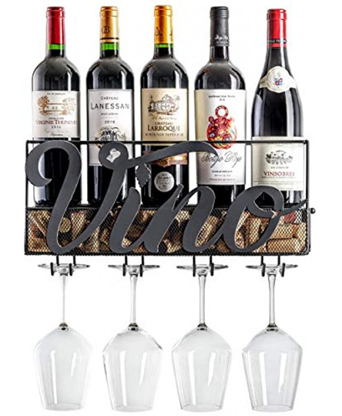 MKZ Products Wall Mounted Wine Rack Wine Gifts for Wife and Mom Unique and Memorable Gift for All Women Store 5 Bottles Hang 4 Wine Glasses Wine Cork Holder Beautiful Kitchen Wall Decor
