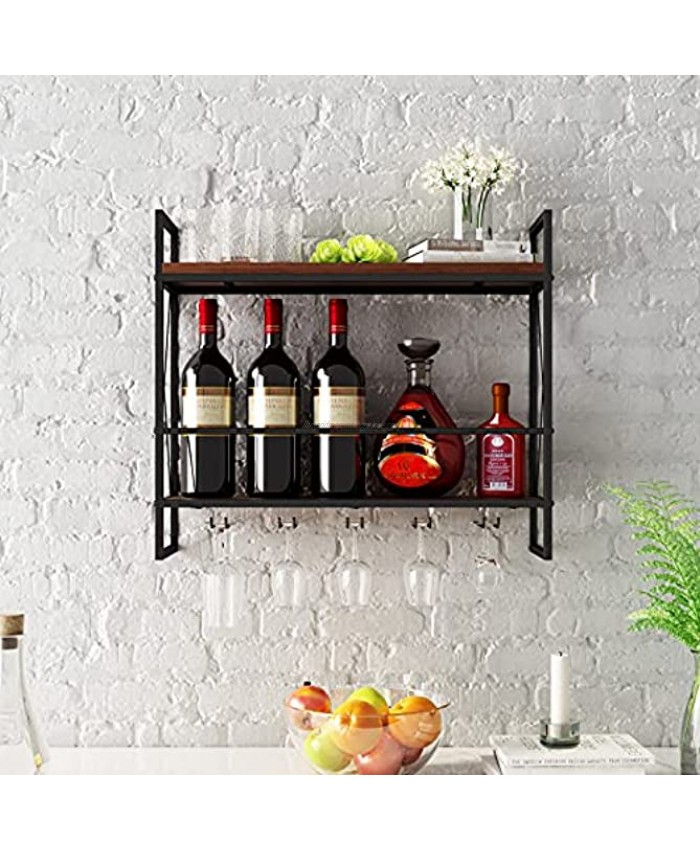 MORITIA Industrial Wall Mounted Wine Rack with 5 Glass Goblet Holder Rustic 2 Tier Metal and Wood Hanging Wine Rack Floating Shelf 23.6W x 7.9D x 21.2H inch