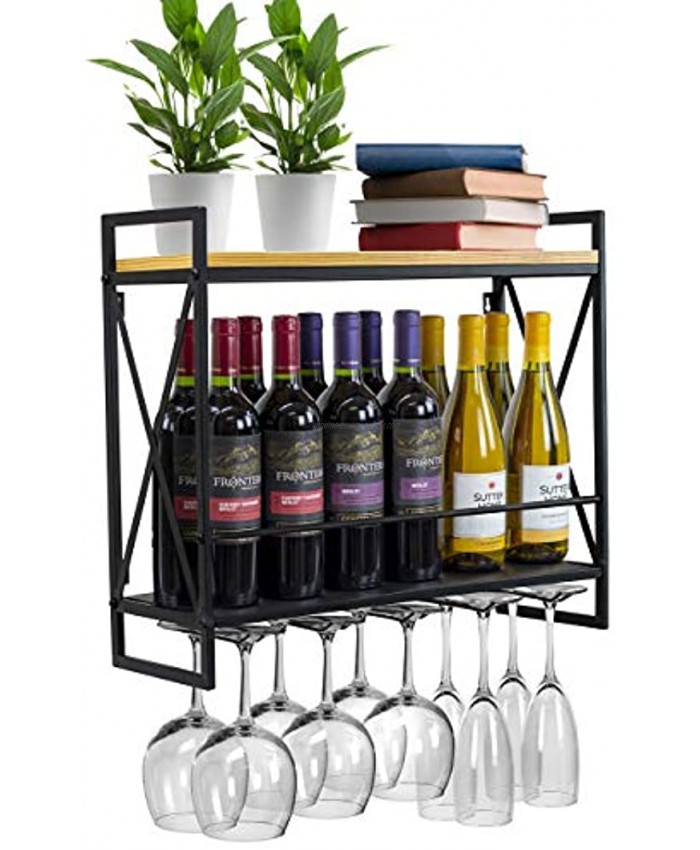 Sorbus Wine Bottle Stemware Glass Rack Industrial 2-Tier Wood Shelf Wall Mounted Wine Racks with 5 Stem Glass Holders for Wine Glasses Flutes Mugs Home Décor Metal