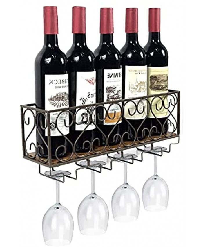 Stegodon Wine Rack Wall Mounted with Glass Holder Wine Shelves for Bottles Metal Wine Storage for Hanging Kitchen Room Brown