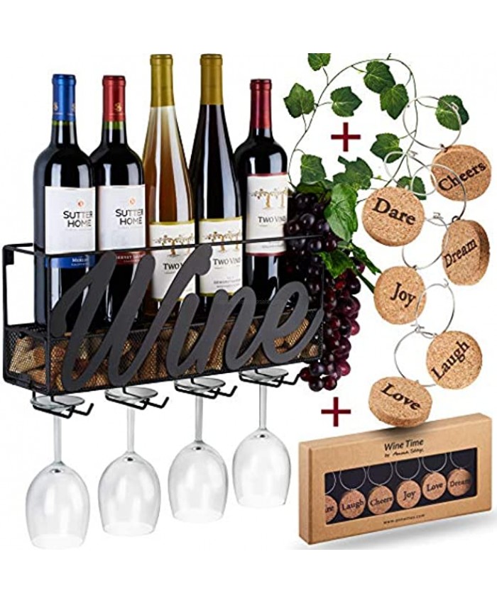 Wall Mounted Wine Rack Bottle & Glass Holder Cork Storage Store Red White Champagne Comes with 6 Cork Wine Charms Home & Kitchen Décor Designed by Anna Stay Wine