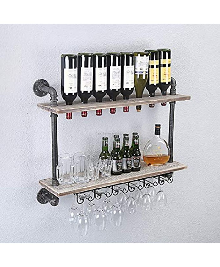 WGX Design For You Industrial Rustic Wall Mounted Wine Racks with Glass Holder Pipe Hanging Wine Rack,2-Tiers Wood Shelf Floating Shelves,Home Room Living Room Kitchen Decor Display Rack 32inch