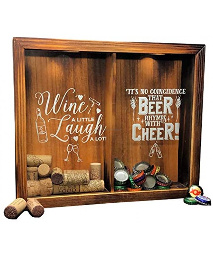 Wine Cork & Beer Cap Holder Shadow Box Wall Mounted or Free Standing Wine & Bar Decor for Him & Her Rustic Stained Wood 11 x 13