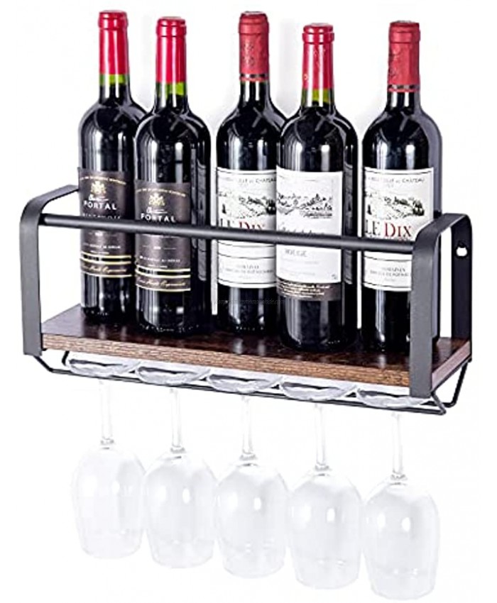Wine Rack Wall Mounted Metal & Wood Bottle Storage Glass Holder Dining & Kitchen Décor