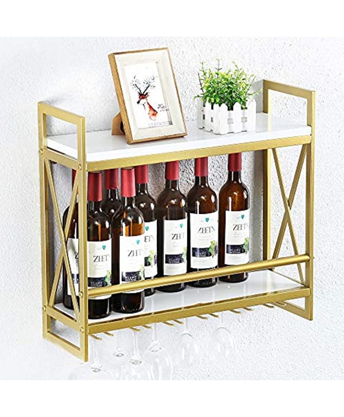 ZAIZHUO Industrial Wine Racks Wall Mounted with 6 Stem Glass Holder,2-Tiers Wall Mount Bottle Holder Glass Rack,Rustic Metal Hanging Wine Holder,Wood Shelves Wall Shelf Wine AccessoriesGold,23.6in