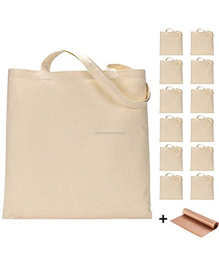 12 Pack Blank Canvas Tote Bags Bulk Shopping Bag for Crafts with 1 Piece of PTFE Teflon Sheet DIY Reusable Grocery Bag 15 X 16 Inch