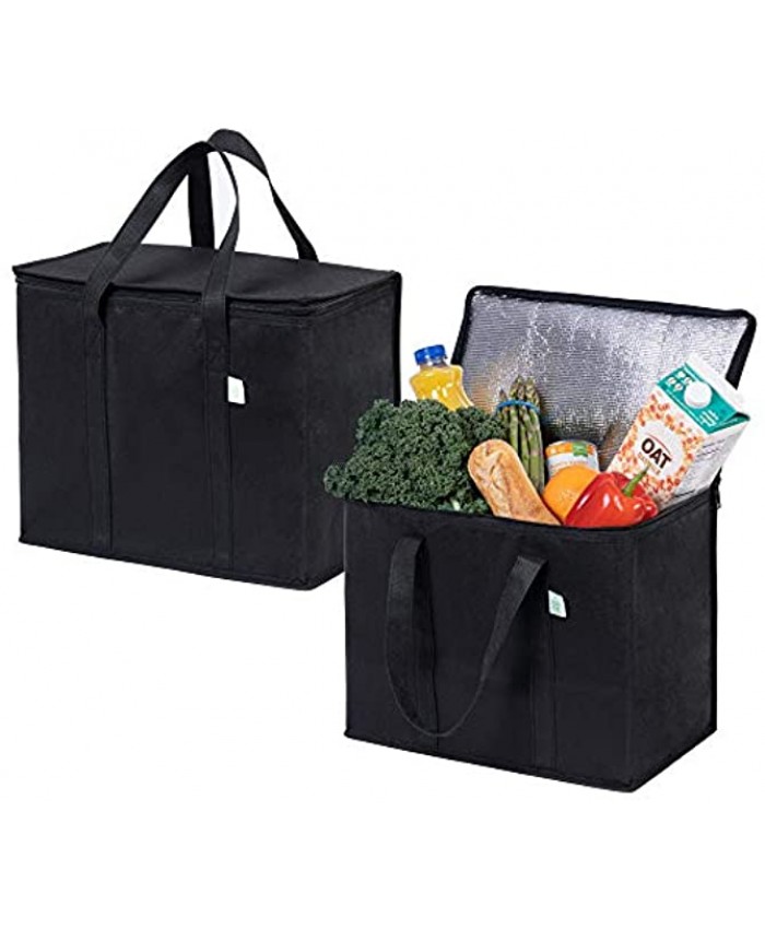 2 Pack Insulated Reusable Grocery Bag by VENO Durable Heavy Duty Large Size Stands Upright Collapsible Sturdy Zipper Made by Recycled Material Eco-Friendly BLACK 2