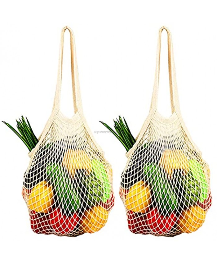 [2 Pack] Premium Mesh Grocery Bags Reusable Produce Bags Long Handle Net Tote Bags 100% Cotton String Bags Fruit and Vegetable Bags Beige Portable Washable Durable