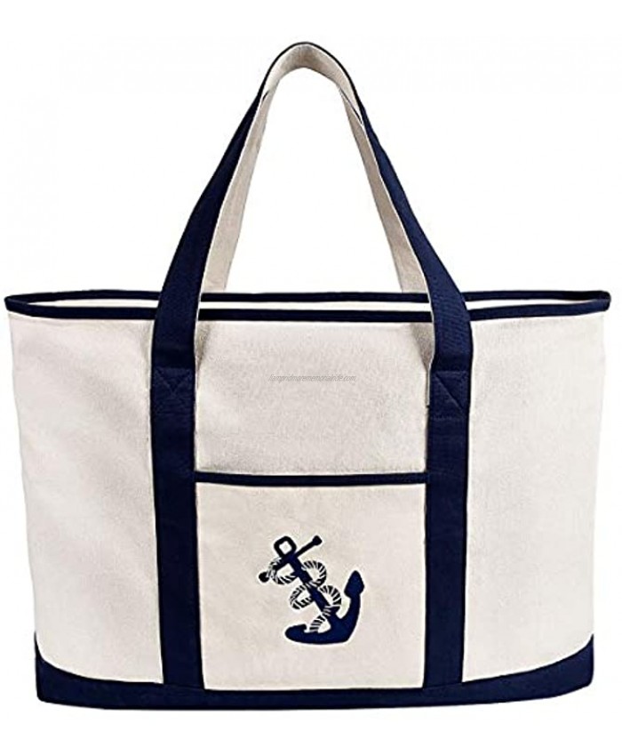 25 Extra Large Canvas Tote Bag Heavy Duty Roomy Zipper Grocery Shopping Carry Beach Boat Bag Handbag with Embroidered Anchor Beige