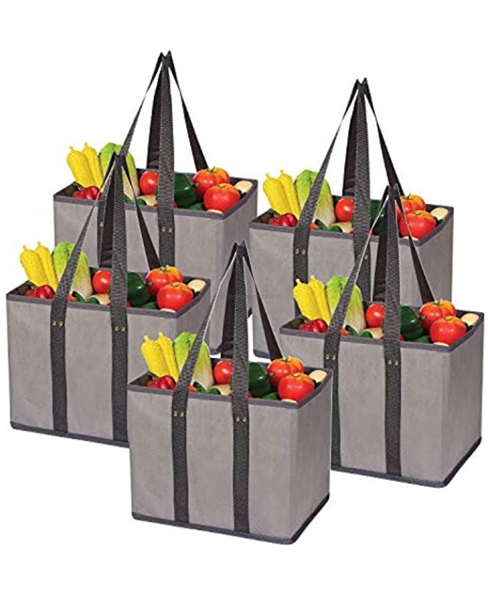 5 Pack Large Reusable Grocery Bags Foldable Durable Heavy Duty Tote Bag Set Eco Friendly Collapsible Shopping Cart Boxes Storage Bins Cubes with Long Handles Reinforced Bottom