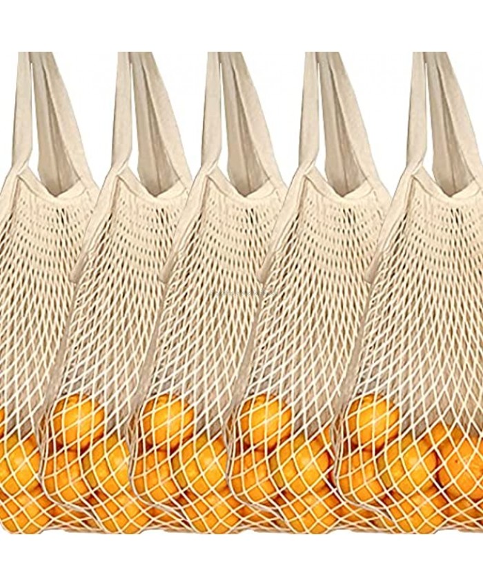 5 Pack Reusable Grocery Bags 100% Cotton Mesh Produce Bags with Long Handle Organic Washable Shopping String Net Tote Bags