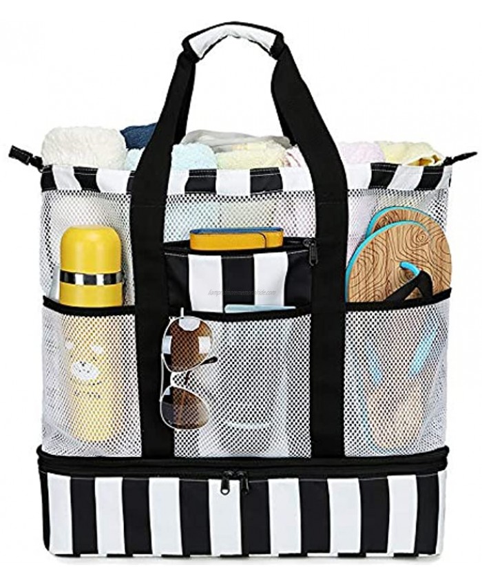 CAMTOP Beach Bag Mesh Beach Tote with Cooler Compartment Oversized Toy Tote Bag with Zipper