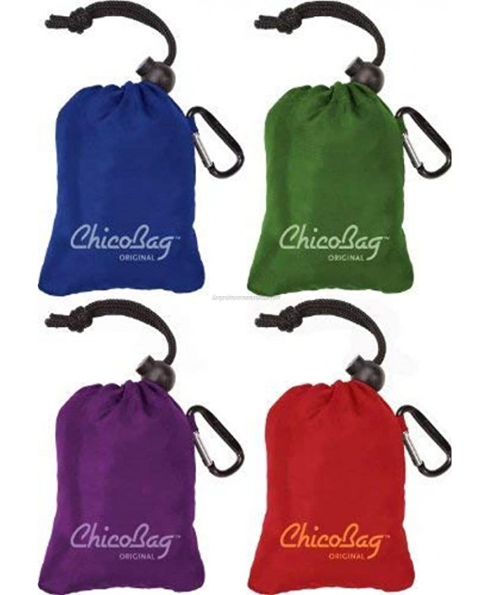 ChicoBag Original Reusable Grocery Bag with Attached Pouch and Carabiner Clip Variety 4 Pack Blue Green Purple and Red