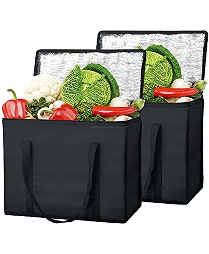Finnhomy XL Oxford Fabric Insulated Shopping Bags 2 Pack Reusable Grocery Bags with Reinforced Handles Cooler Bags W Zipper Top for Groceries or Food Delivery Foldable Design Heavy Duty Stands Upright Picnic Black