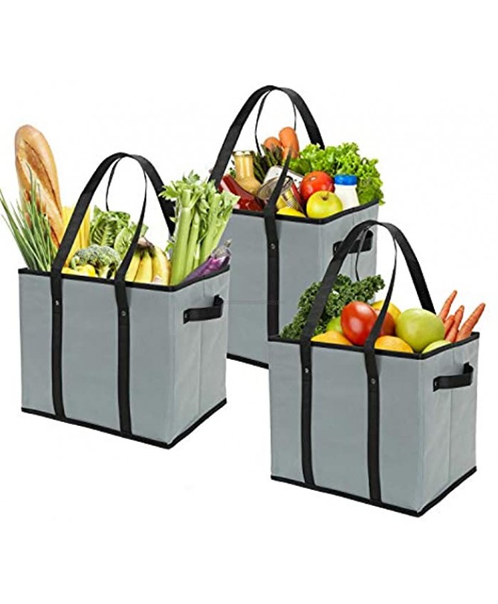 Foraineam 3-Pack Extra Large Reusable Grocery Bags Gray Durable Heavy Duty Grocery Totes Bag Storage Box Bins Collapsible Grocery Shopping Box Bags with Reinforced Bottom