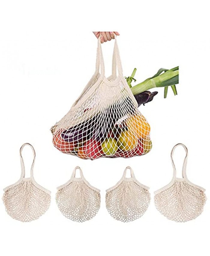 IBYEKKO 4 Pack Reusable Cotton Mesh Grocery Bags Cotton String Bags Net Shopping Bags Mesh Bags for Fruit Vegetable Storage Beige（Longhandle 2 &Short Handle 2）