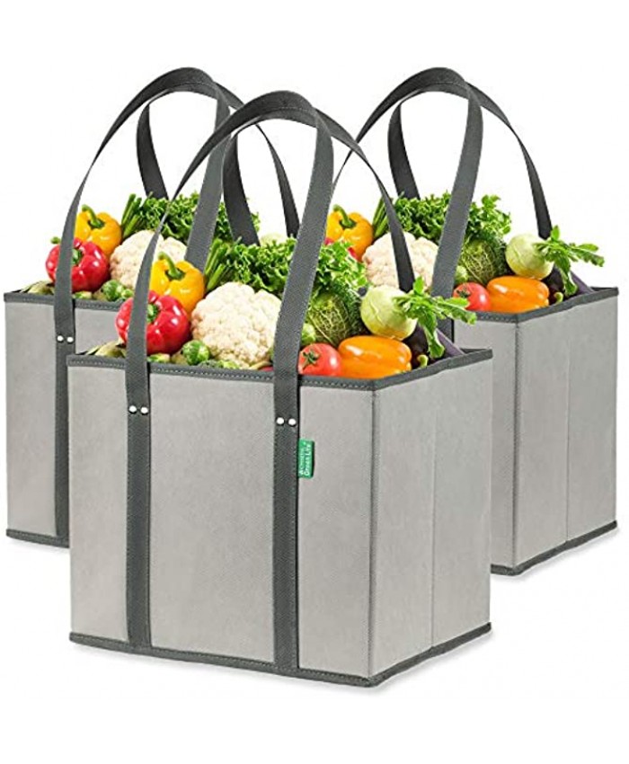 Reusable Grocery Shopping Box Bags 3 Pack Gray. Large Premium Quality Heavy Duty Tote Bag Set with Extra Long Handles & Reinforced Bottom. Foldable Collapsible Durable and Eco Friendly