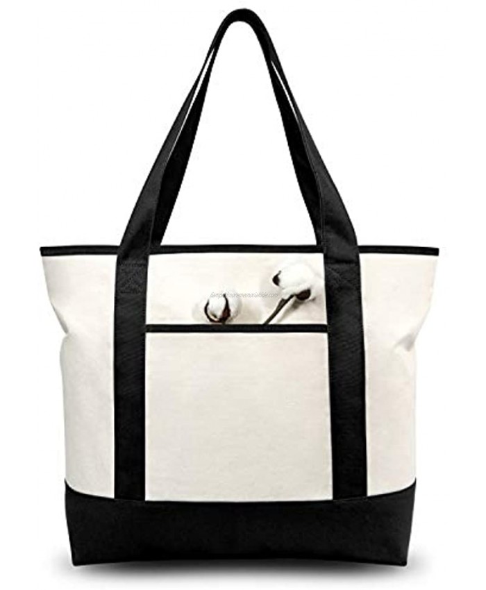 TOPDesign Stylish Canvas Tote Bag with External & Internal Pockets Open Top Daily Essentials Black Natural