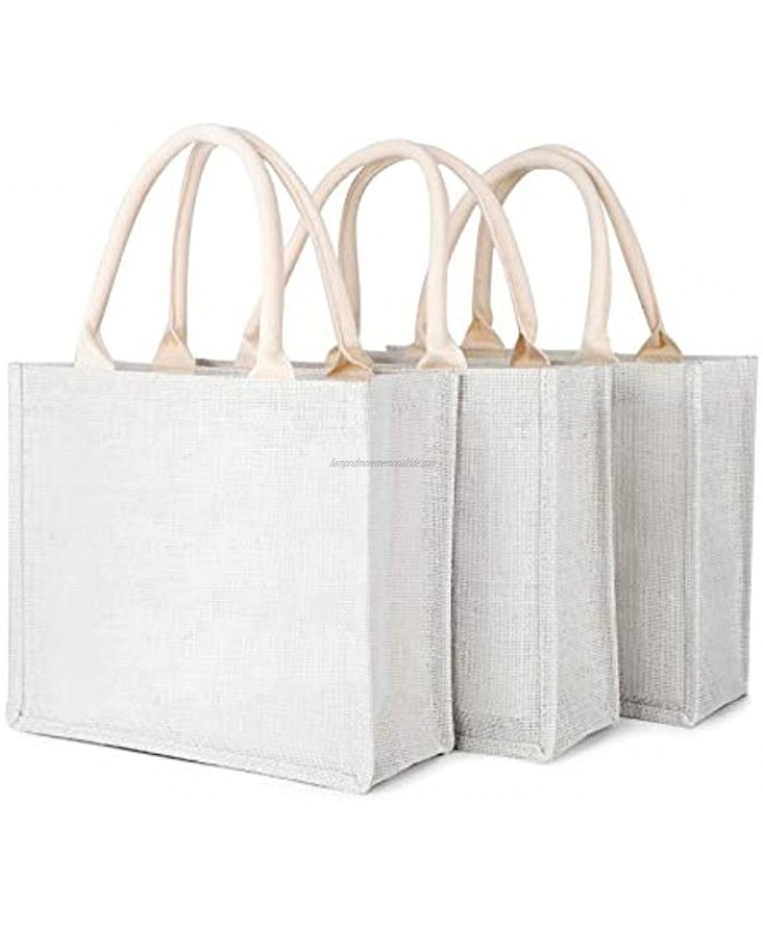 White Burlap Tote Segarty Jute Tote Bags with Handles & Laminated Interior Wedding Bridesmaid Gift Bags Blank Bags to Personalize Embroidery DIY Art Crafts Reusable Grocery Bag 12.2''x9.8''x3.9''