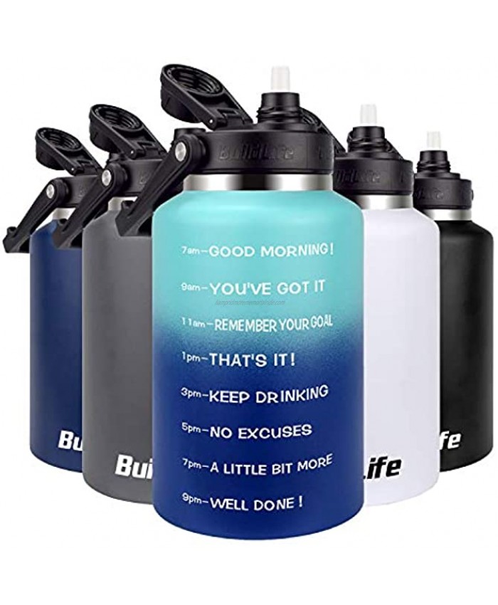 BuildLife Stainless Steel Water Bottle 64 OZ Half Gallon Motivational Time Marker Wide Mouth with Straw Lid Leak Proof Reusable Travel Insulated Jug Blue Blue Gradient,64 OZ