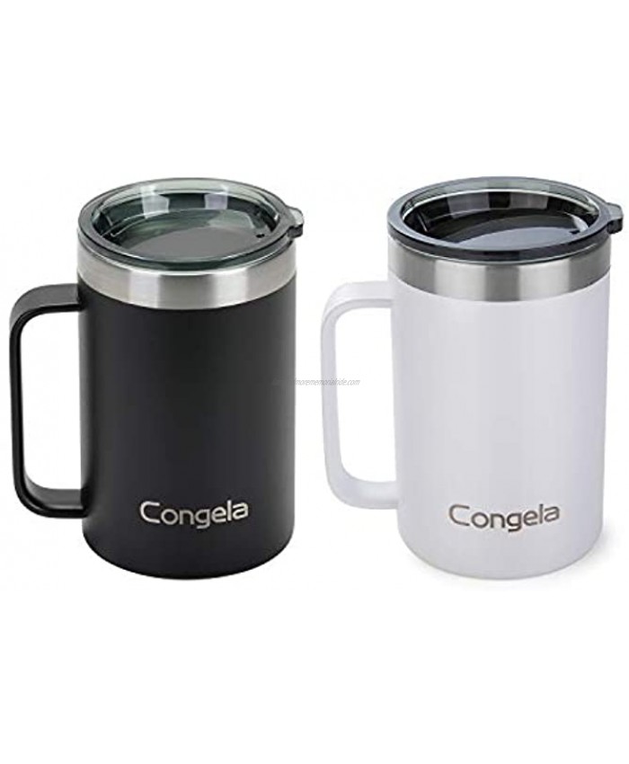 Congela 18oz stainless steel insulated coffee mugs set with handle iced coffee mugs with lids big coffee mug vacuum camping cups coffee thermos with lidWhite+Black,18oz 2Pack