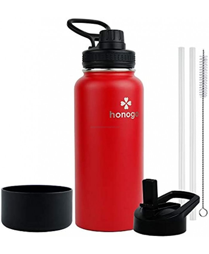 honogo 32 oz Powder Coated Double Wall Vacuum Insulated Sports Water Bottle 18 8 Stainless Steel Wide Mouth Thermos Flask with Straw Lid & Spout Lid Leak Proof Sweat Free BPA Free Red 32 oz