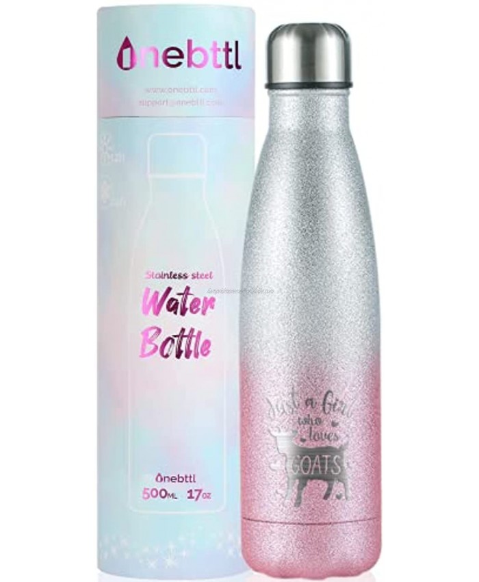 Onebttl Goat Gifts for Goat lovers Just a Girl who Loves Goats Farm Gifts Glitter Silver-Pink Water Bottle for Women Girls Stainless Steel Insulated Bottle Gift Box and Greeting Card Included