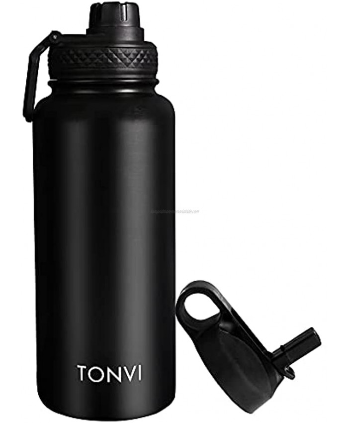 Tonvi Insulated Water Bottle 32Oz Stainless Steel Flask Thermos 2 Lids,Vacuum Insulated Stainless Steel Modern Double Walled Simple Thermo Mug black