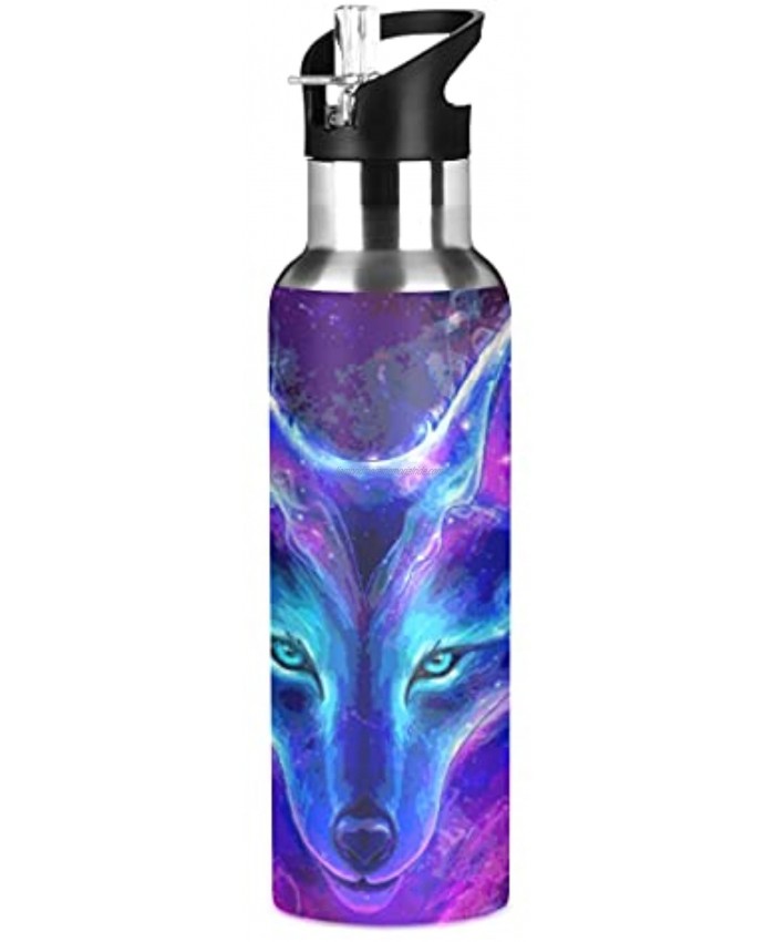 Wolf Print Galaxy Water Bottle with Straw Lid Sport Leakproof Kids Insulated Stainless Steel Water Flask Thermos Bottle for Gym Outdoor 20 oz