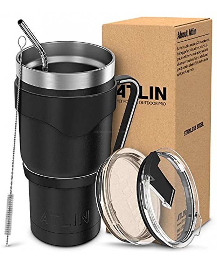 Atlin Tumbler [30 oz. Double Wall Stainless Steel Vacuum Insulation] Black Travel Mug [Crystal Clear Lid] Water Coffee Cup [Straw + Handle Included]For Home Office School Ice Drink Hot Beverage