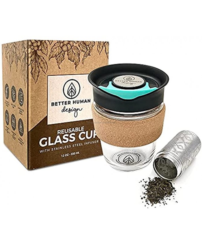 Reusable Glass keep Cup + Stainless steel Tea Infuser & Twist on Lid Microwavable Travel Coffee Mug Cork Sleeve 12oz Portable Cold Brew maker Loose Leaf Diffuser + Brewing Tumbler togo