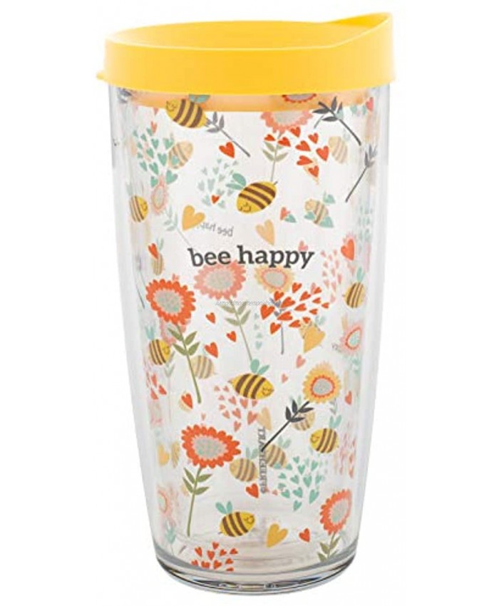 Signature Tumblers Bee Happy Bees and Flowers Wrap on Clear 16 Ounce Double-Walled Travel Tumbler Mug with Sunshine Yellow Easy Sip Lid