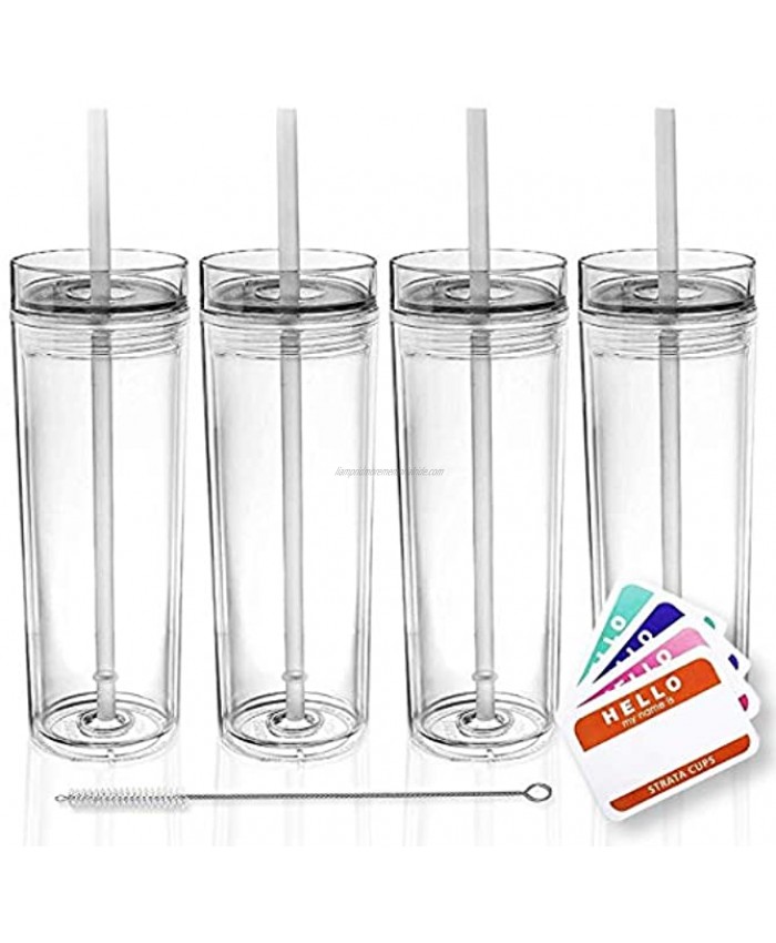 SKINNY TUMBLERS 4 Clear Acrylic Tumblers with Lids and Straws | 16oz Double Wall Clear Plastic Tumblers + FREE Straw Cleaner & Name Tags! Bulk Reusable Cups With Straw Insulated Tumbler