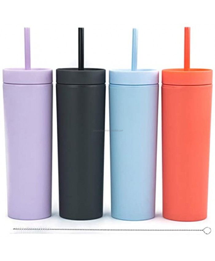 SKINNY TUMBLERS 4 pack Matte Pastel Colored Acrylic Tumblers with Lids and Straws |16oz Double Wall Plastic Tumblers With Straw Cleaner INCLUDED! Reusable Cup With Straw | Vinyl DIY Gifts
