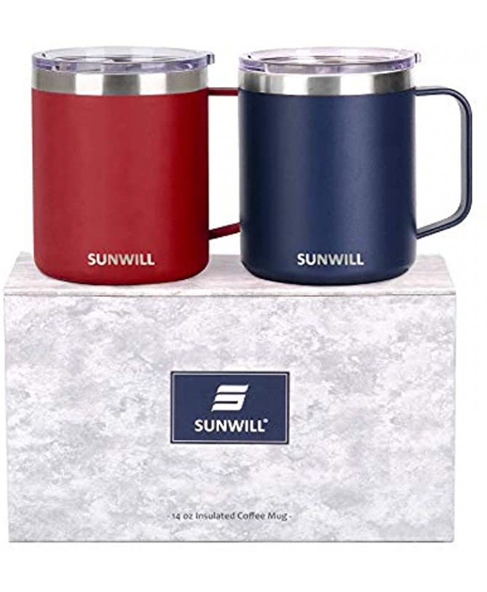 SUNWILL 14 oz Coffee Mug Set Vacuum Insulated Camping Mug with Lid Double Wall Stainless Steel Travel Tumbler Coffee Cup Outdoor Powder Coated Navy Blue & Wine Red 2 Pack